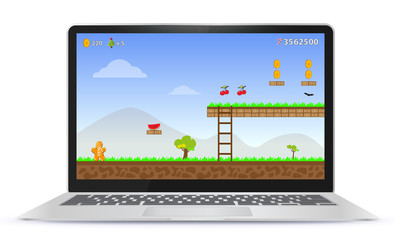 Laptop Computer With Game Screen Vector Illustration