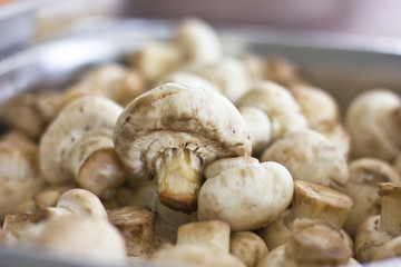 Peeled raw mushrooms champignons close-up. Selective focus