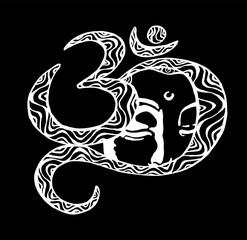 The face of the Buddha is inscribed in the om. Black and white illustration. Buddhism. Chalk on a blackboard.