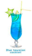 Tropical fresh tasty cold Blue Hawaiian cocktail in a glass with lemon and straws on light background