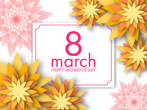 8 March card with paper art origami style flowers. Vector illustration to the Women's Day
