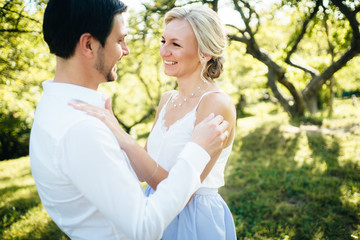 couple in love in the park. Emotions of love.