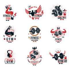 Set of vector fitness workout and weightlifting gymnasium theme logotypes and inspiring posters made using dumbbells, disc weights sport equipment and muscular athlete body silhouettes.