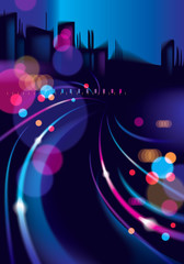 Night city with blurred lights bokeh texture vector illustration. Effect vector beautiful background. Blur colorful dark background with cityscape, buildings silhouettes skyline.