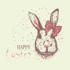 Easter rabbit. Card with sketch watercolor hand drawn illustration for your design