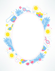 Summer greeting card with bag, palm leaves, camera, sun, glasses