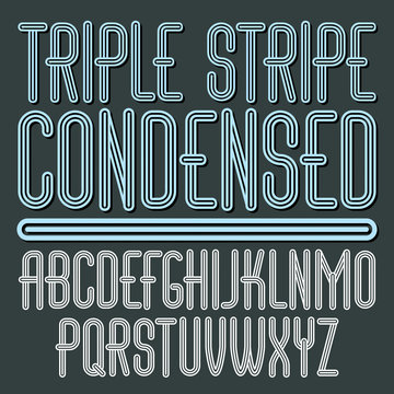 Vector funky capital English alphabet letters collection. Cool condensed font, script from a to z can be used in poster art. Made with triple stripy decoration.