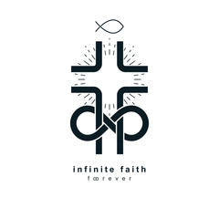 Immortal God conceptual logo design combined with infinity loop sign and Christian Cross, vector creative symbol.