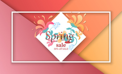 Spring sale background banner with beautiful colorful flower. Vector illustration.