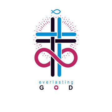 True Infinite Christian Belief in God, vector creative symbol design, combined with infinity eternal loop and Christian Cross, vector logo or sign.