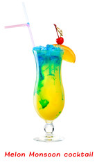 Fresh tropical cold Melon cocktail in a glass with orange and straw on in Hurricane glass light background