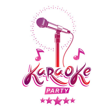 Karaoke party invitation poster, live music vector concert advertising leaflet composed using stage or recorder microphone and musical notes.