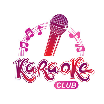 Stage microphone audio equipment composed with musical notes, can be used as vector emblem for karaoke club advertising and nightclub discotheque invitation poster.