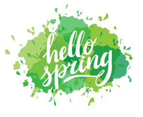 Hello Spring. Hand drawn calligraphy and brush pen lettering. design for holiday greeting and seasonal spring holiday card. Green pastel background