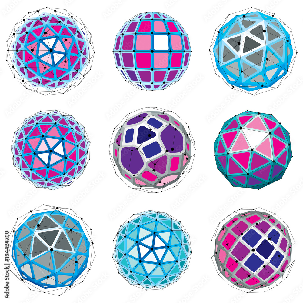 Poster set of perspective technology shapes, polygonal wireframe objects collection. abstract faceted eleme