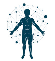 Vector graphic illustration of human, individuality created with mesh wireframe connections. Biochemistry scientific research.