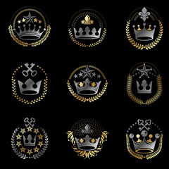Royal Crowns emblems set. Heraldic Coat of Arms decorative logos isolated vector illustrations collection.
