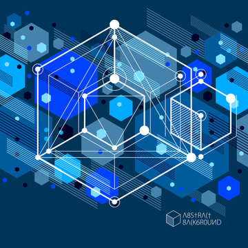 Abstract vector composition with simple geometric figures, symbols, art dark blue background. Technical plan, abstract engineering draft for use in graphic and web design.