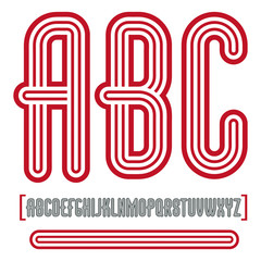 Vector retro vintage capital English alphabet letters, abc collection. Funky condensed font, typescript can be used in art creation. Made with geometric parallel triple lines.