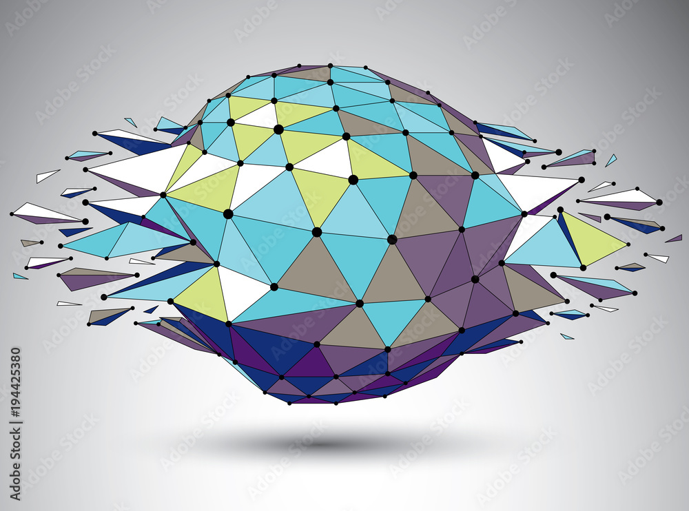 Poster vector dimensional colorful wireframe object, demolished shape with refractions and wreckage. 3d mes