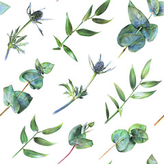Seamless floral pattern with green eucalyptus, feverweeds and leaves of ruscus on white. Spring flowers. Botanical natural background drawn by hand with colored pencil