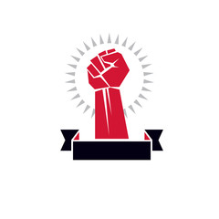 Vector illustration created with clenched fist of a strong man. People demonstration, fighting for their rights and freedom.