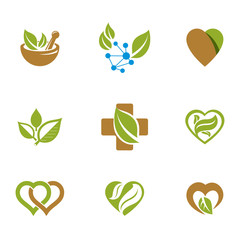 Alternative medicine metaphor, vector graphic emblems collection. Vegetarian lifestyle conceptual illustrations.