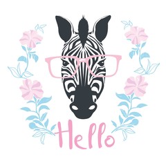 Zebra portrait in a striped tie with a pink glasses on a gray background. Vector illustration.