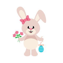 cartoon easter bunny girl with bow and with easter egg and flowers