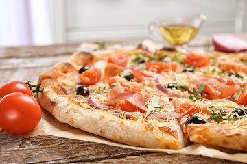 Tasty pizza on table. Fresh from oven
