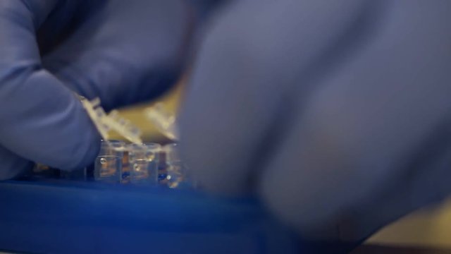 Laboratory test tubes. medical researcher shows DNA samples in well microplate