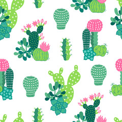 Vector seamless pattern with succulents and booming cactuses