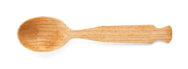 Wooden spoon on white background. Handcrafted cooking utensils