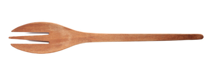 Wooden fork on white background. Handcrafted cooking utensils