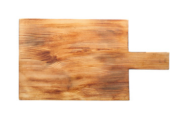 Wooden board on white background. Handcrafted cooking utensils