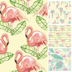 Set seamless backgrounds with pink flamingos and anchors, gray,