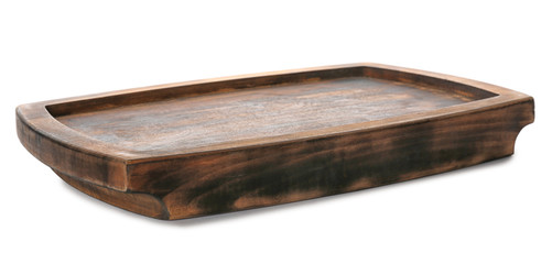 Wooden board on white background. Handcrafted cooking utensils