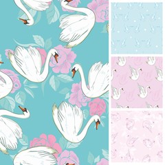 Seamless pattern flock of swans swim. Vector illustration. All elements are not cropped and hidden under mask. You will find a pattern to create scuffs in the file.