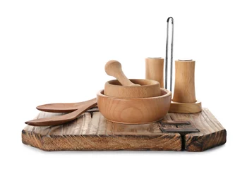 Foto auf Glas Wooden kitchen utensils on white background © Africa Studio