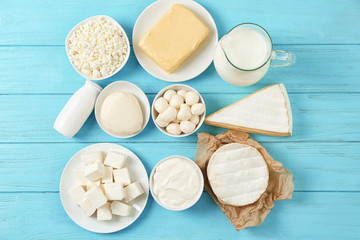 Fresh dairy products on wooden background