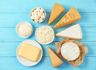 Fresh dairy products on wooden background
