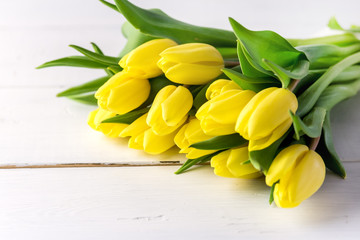 Beautiful Yellow Tulips on White Wooden Background Cop Space Beautiful Spring Flowers