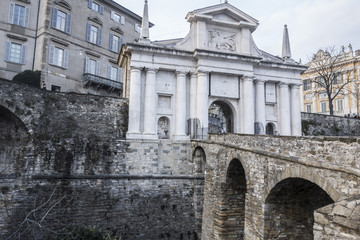 Fototapeta premium Ancient city door entrance Citta Alta, Porta San Gioacomo,Bergamo,Lombardy,Italy.