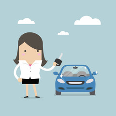 Businesswoman holding a key of a new car. vector