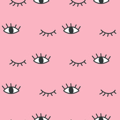 Hand drawn open and winking eyes doodles seamless pattern.