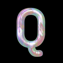 Modern liquid marble holographic 3D render letter Q uppercase illustration isolated on a back background.