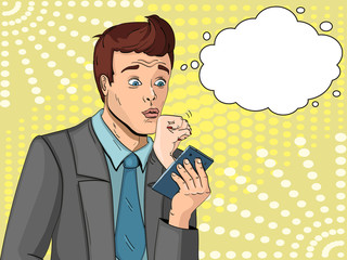 A man who is completely subordinate to his wife. Kisses the fist. Holds the phone. Text bubble. Comic style vector illustration.