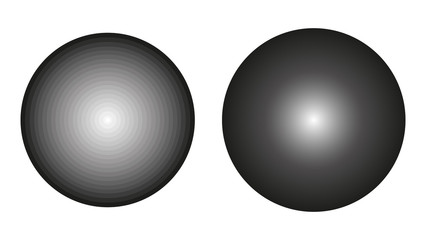 Two vector greyscale circles with a gradient from black to white. Continuous circle with a smooth gradient and circle with step discontinuous gradient.