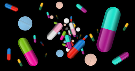 Capsules, color pills and tablets falling