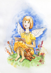 Angel girl sitting on the grass on a sunny day with a book in his hands. Drawn watercolor hands.